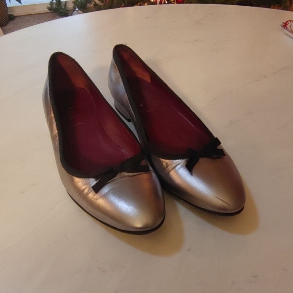 Metallic Silver and Black Prada Ballet Flats